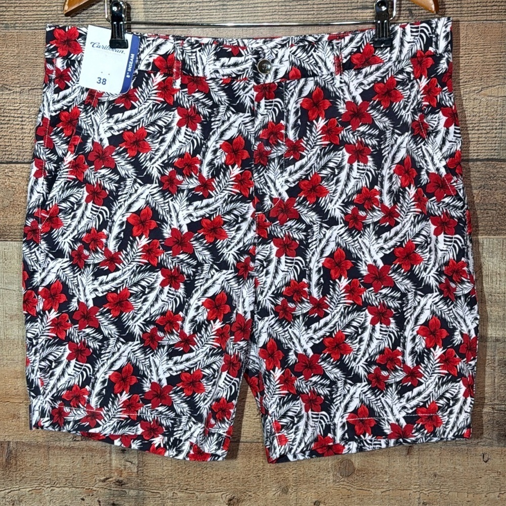 Caribbean Men’s Tropical Print Blue Red Flat Front Chino Shorts size 38 - NWT